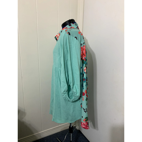 Umgee Mini Dress Large Linen Blend Mint Green Floral Print Baloon Sleeve Boho - Picture 2 of 9